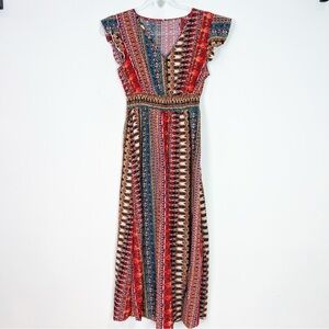 CUPSHE ORANGE TEAL BROWN CAP SLEEVE V-NECK MAXI DRESS WOMENS XS NWOT